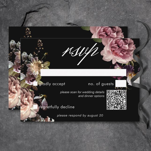 Mörk Moody Pastel Opulent Blommigt Black QR-kod OSA Kort (Dark Moody Pastel Opulent Floral Black QR Code RSVP Card)