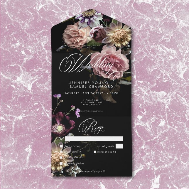 Mörk Moody Pastel Opulent Blommigt, svart middag (Dark Moody Pastel Opulent Black Floral Details All In One Invitation)