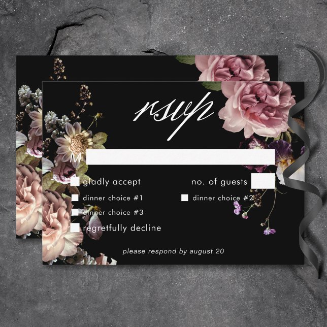 Mörk Moody Pastel Opulent Blommigt, svart middag OSA Kort (Dark Moody Pastel Opulent Floral Black Dinner RSVP Card)