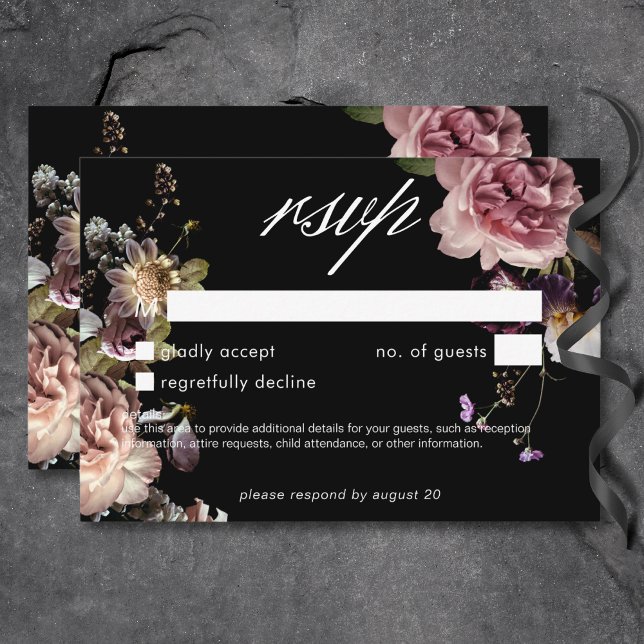 Mörk Moody Pastellopulent Blommigt svart, ingen mi OSA Kort (Dark Moody Pastel Opulent Floral Black No Dinner RSVP Card)