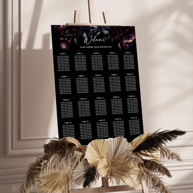 Mörk moody plan för sätesblommor poster (Dark moody burgundy flowers wedding seating plan editable template poster digital download)