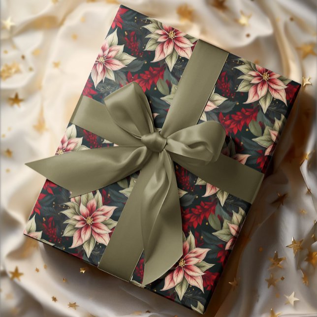 Mörk Moody Poinsettia Blommigt Winter Helgdag Presentpapper (Elegant Dark and Moody Poinsettia Floral Christmas and Winter Holiday Wrapping Paper)