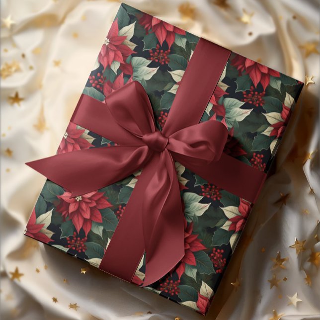 Mörk Moody Poinsettia Blommigt Winter Helgdag Presentpapper (Elegant Dark and Moody Poinsettia Floral Christmas and Winter Holiday Wrapping Paper)