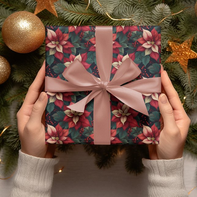 Mörk Moody Poinsettia Blommigt Winter Helgdag Presentpapper (Elegant Dark and Moody Poinsettia Floral Christmas and Winter Holiday Wrapping Paper)