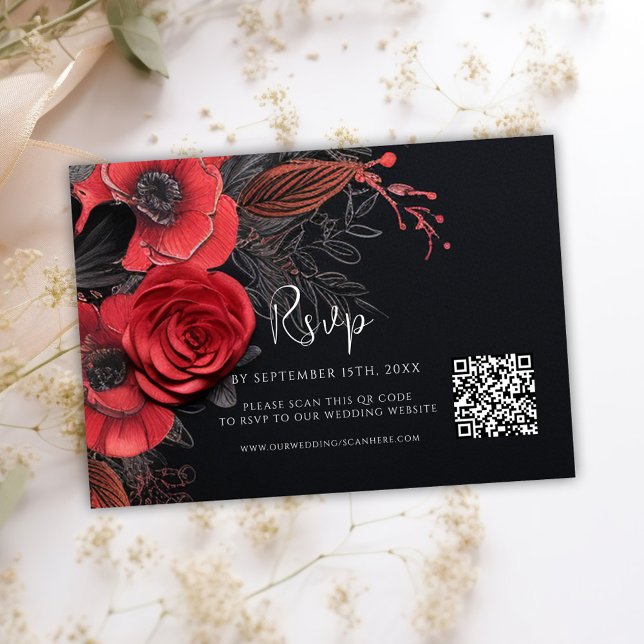 Mörk Moody QR-kod Blommigt Bröllop OSA Kort (Dark Moody QR Code Floral Wedding RSVP Card)