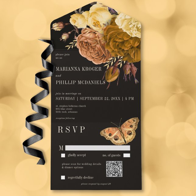 Mörk Moody QR-kod för svart höst Blommigt (Dark Moody Black Autumn Floral QR Code All In One Invitation)