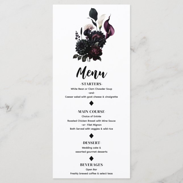 Mörk Moody Romantic Blommigt White Bröllop Menu Meny (Framsida)