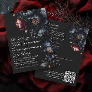 Mörk Moody Romantic Peony Gothic Bröllop QR Code Inbjudningar