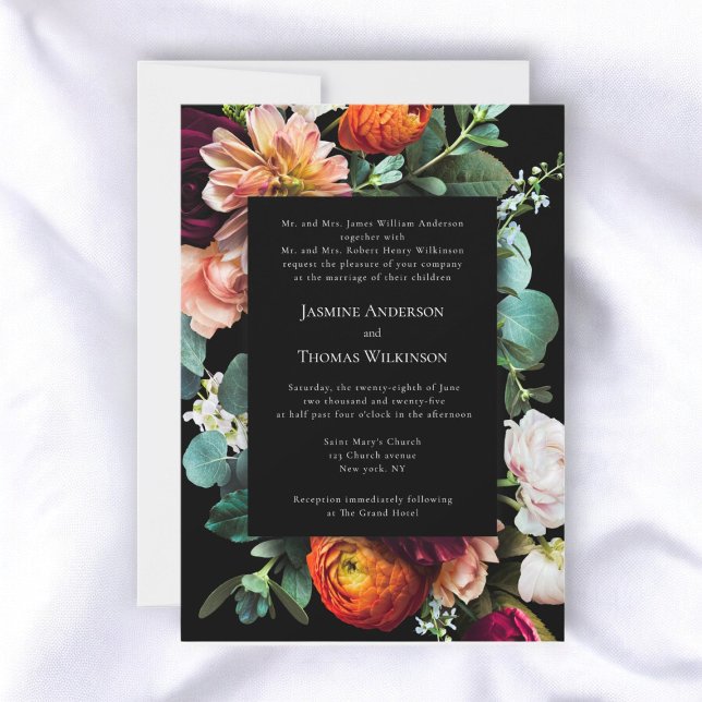 Mörk moody romantisk blommigt traditionell inbjudningar (traditional text where both parents help , moody romantic dutch florals wedding invitation)
