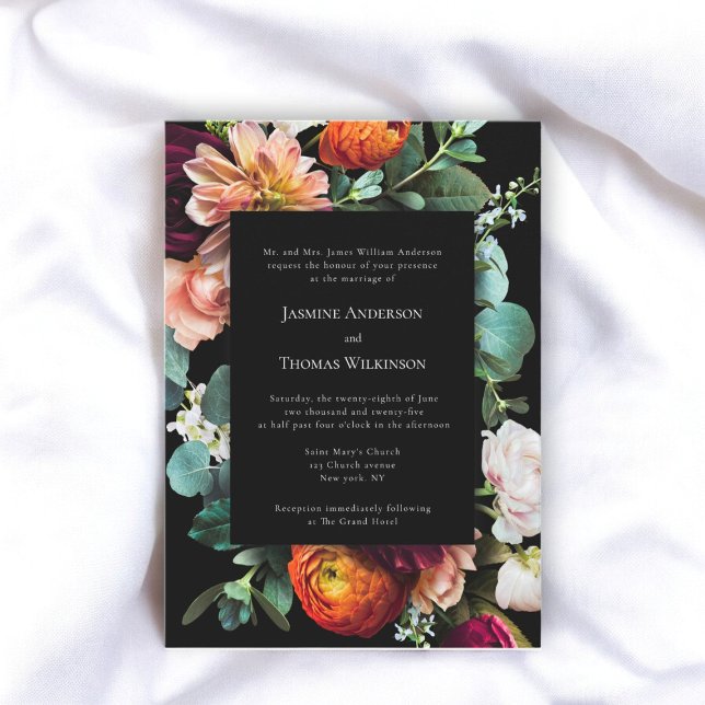 Mörk moody romantisk blommigt traditionell inbjudningar (moody romantic dutch floral wedding invitation with traditional text )