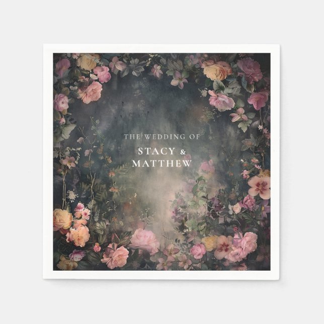 Mörk Moody romsk Blommigt Bröllop Par Namn Pappersservett (Framsidan)