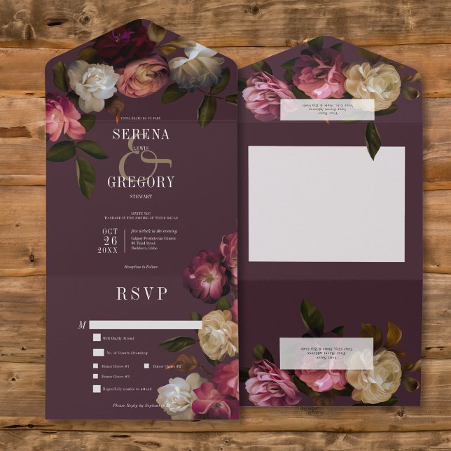 Mörk Moody Rosa Burgundy & Cream Peonies Middag (Dark Moody Pink Burgundy & Cream Peonies All In One Wedding Invitation with Dinner Options)