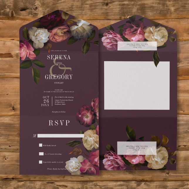 Mörk Moody Rosa Burgundy & Cream Peonies No Middag (Dark Moody Pink Burgundy & Cream Peonies All In One Wedding Invitation without Dinner Options)