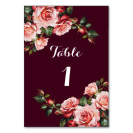 Mörk moody rosa och röd ros burgundy bröllop bordsnummer