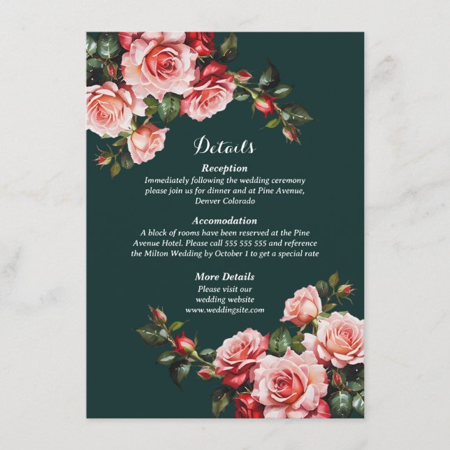 Mörk moody rosa och röd ros grönt bröllop tilläggskort (Framsida)