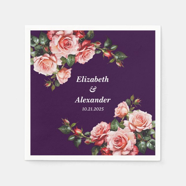 Mörk moody rosa och röd ros lila bröllop pappersservett (Framsidan)