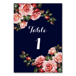 Mörk moody rosa och röd ros marinblått bröllop bordsnummer