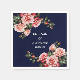 Mörk moody rosa och röd ros marinblått bröllop pappersservett
