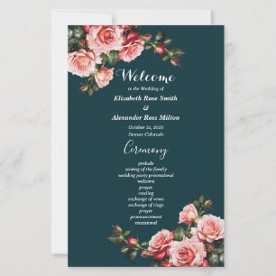 Mörk moody rosa röd ros teal bröllopsprogram