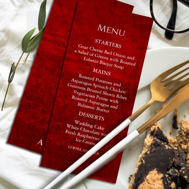 Mörk Moody Royal Rött med friställda meny Inbjudningar (Dramatic and chic, our scratched red invitation with elegant white calligraphy. #menuinvitation)