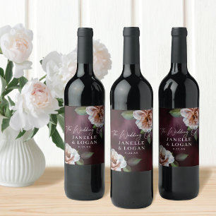 Mörk + Moody Rustiska Blommigten Bröllop Vinflaska Etikett