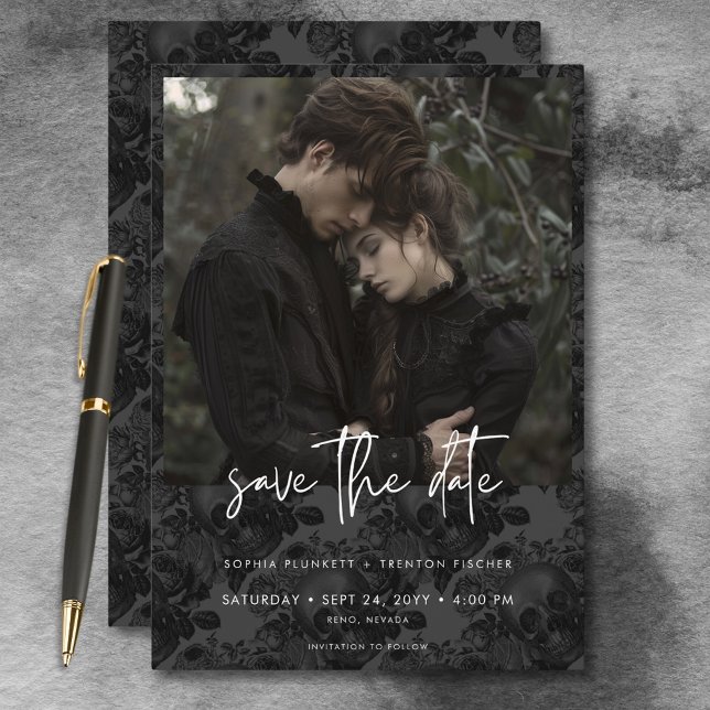 Mörk Moody Svart Skullskada, foto Bröllop Spara Datumet (Dark Moody Black Skull Damask Photo Wedding Save The Date)