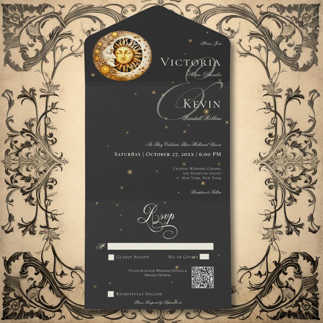 Mörk Moody Victorian Måne Sol Stars QR-kod (Dark Moody Victorian Moon Sun Stars QR Code All In One Invitation)