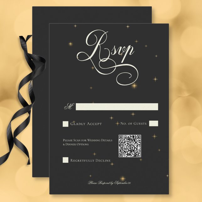 Mörk Moody Victorian Stars Bröllop QR-kod OSA Kort (Dark Moody Victorian Stars Wedding QR Code RSVP Card)
