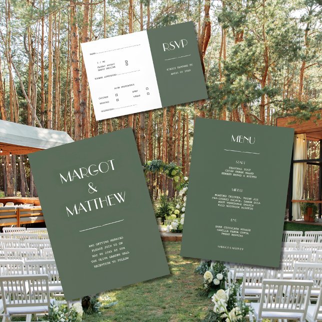 Mörk Mossgrön Minimalistisk Skandi Bröllop Inbjudningar (Dark Moss Green Minimalist Scandi Wedding Invitation Collection)