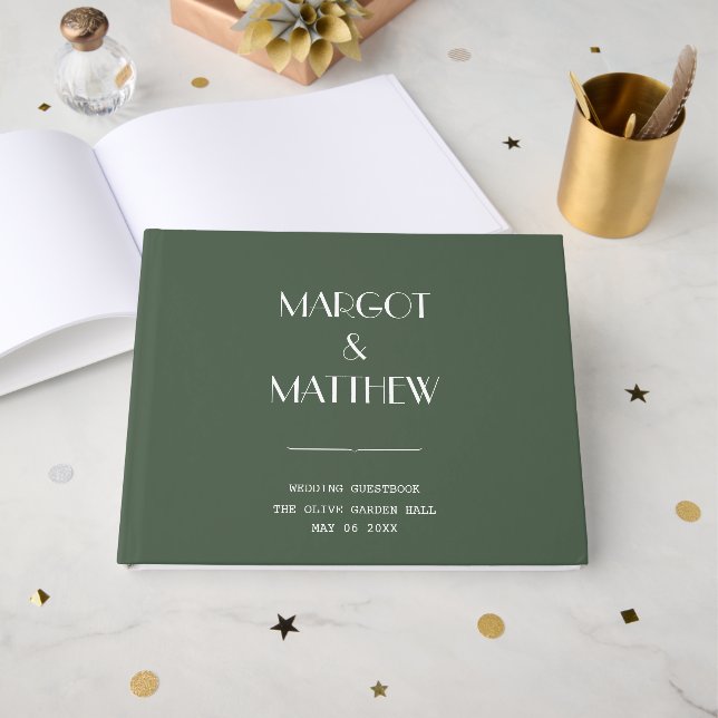 Mörk Mossgrön Minimalistisk Skandinavisk Bröllop Gästböcker (Framsida Öppen)