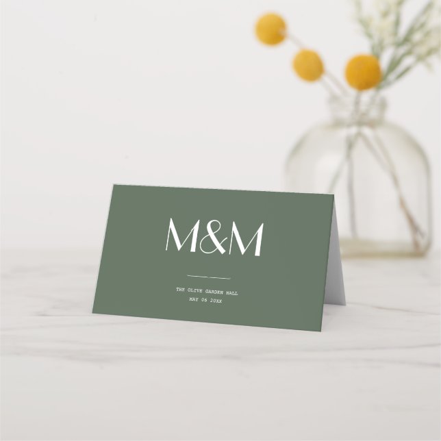 Mörk Mossgrön Minimalistisk Skandinavisk Bröllopsp Placeringskort (Framsida)
