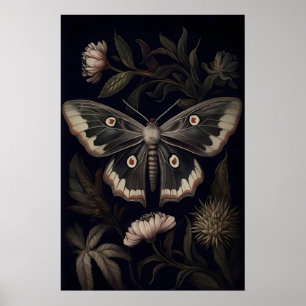 Mörk Moth Botanisk Tryck, Goblincore Fjäril Poster
