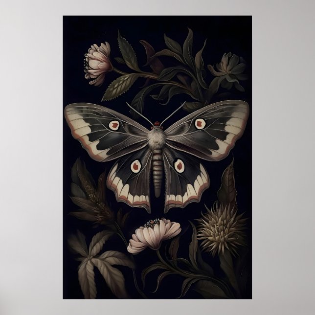 Mörk Moth Botanisk Tryck, Goblincore Fjäril Poster (Framsidan)