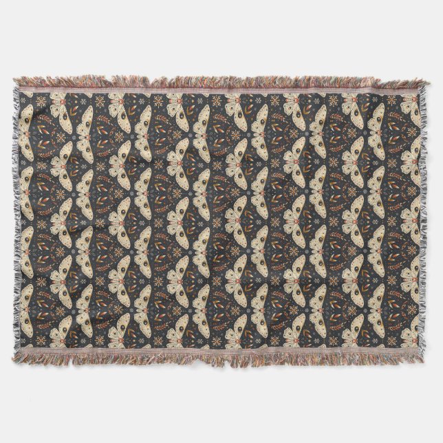 Mörk Moth Witchy Boho Botanical Mönster Filt (Framsidan)