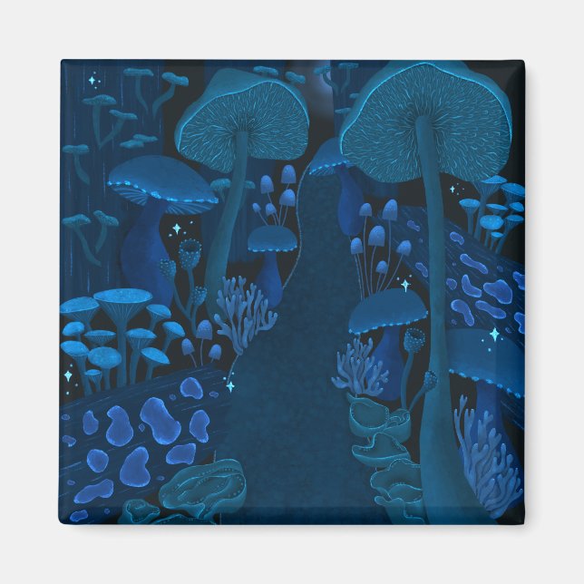 Mörk Mushroom Fantasy Navy Blue Magnet (Framsidan)