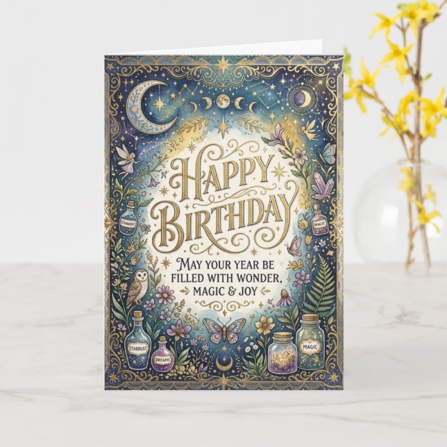 Mörk Mystisk Celestial Magi Glad Födelsedag Kort (Gul blomma)
