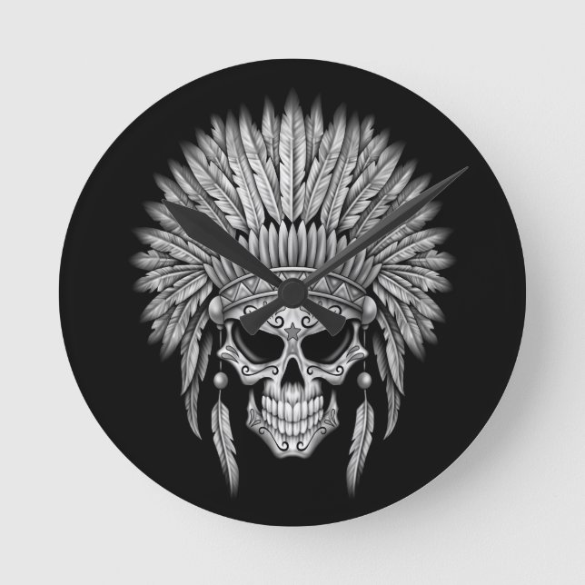 Mörk Native Sugar Skull med headdress Rund Klocka (Framsida)