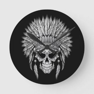 Mörk Native Sugar Skull med headdress Rund Klocka