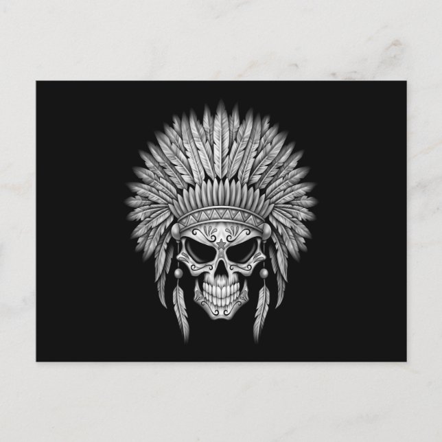 Mörk Native Sugar Skull med headdress Vykort (Framsida)