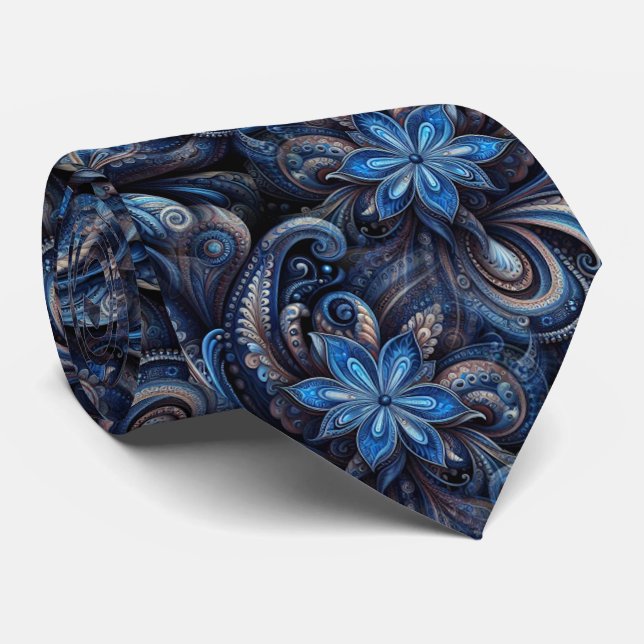 Mörk Navy Azure Blue Black Paisley Art Mönster Slips (Rullad)