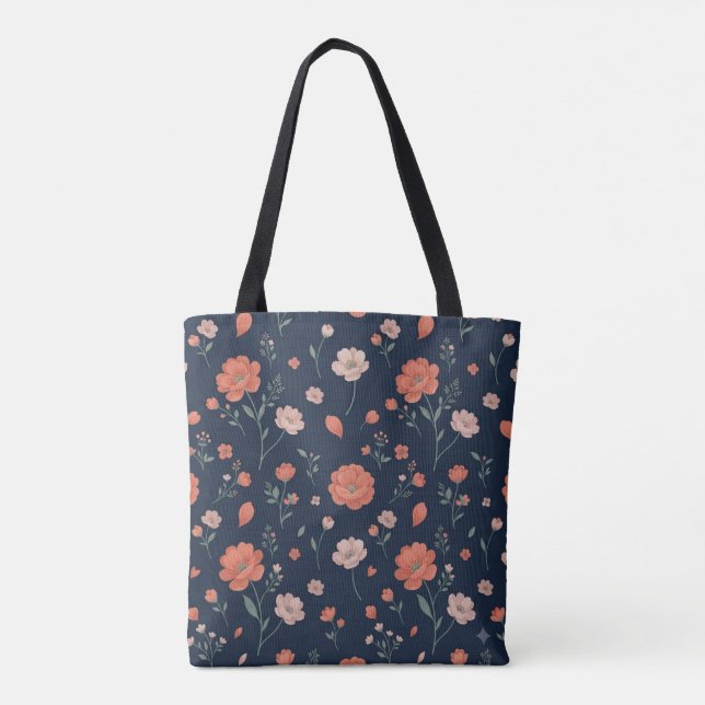 Mörk Navy Blommig Handväskor Tygkasse (Baksida)