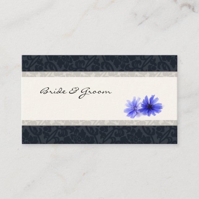 Mörk Navy Blommigt Damask Place Cards, Elfenbensku Placeringskort (Framsida)
