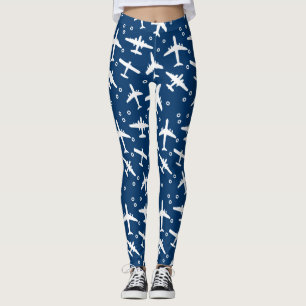 Mörk Navy Blue and White Aircraft Mönster Leggings