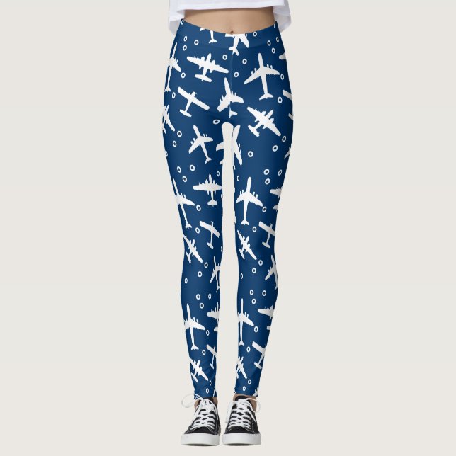 Mörk Navy Blue and White Aircraft Mönster Leggings (Framsida)
