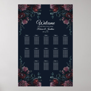 Mörk Navy Blue Blommigt Elegant bröllop Maroon Mau Poster