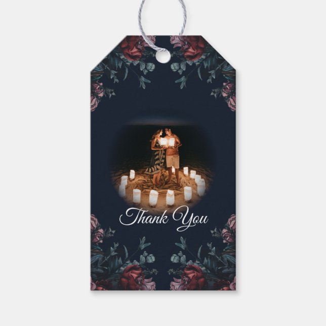 Mörk Navy Blue Blommigt Elegant bröllop Maroon Mau Presentetikett (Framsidan)