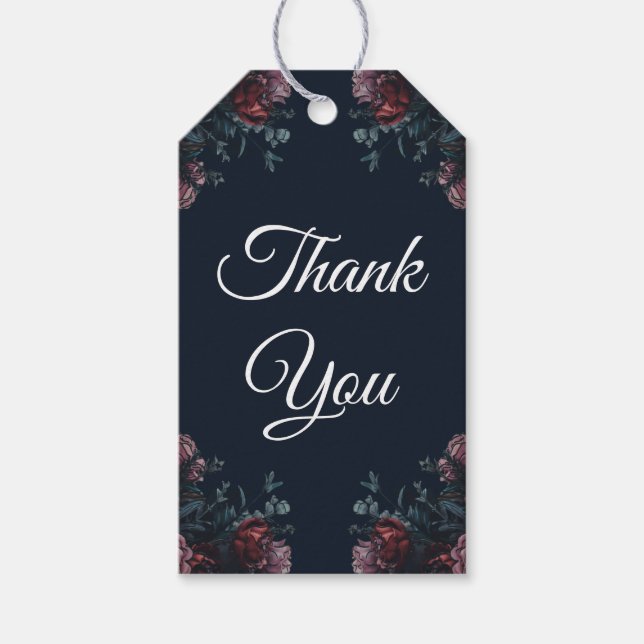 Mörk Navy Blue Blommigt Elegant bröllop Maroon Mau Presentetikett (Framsidan)