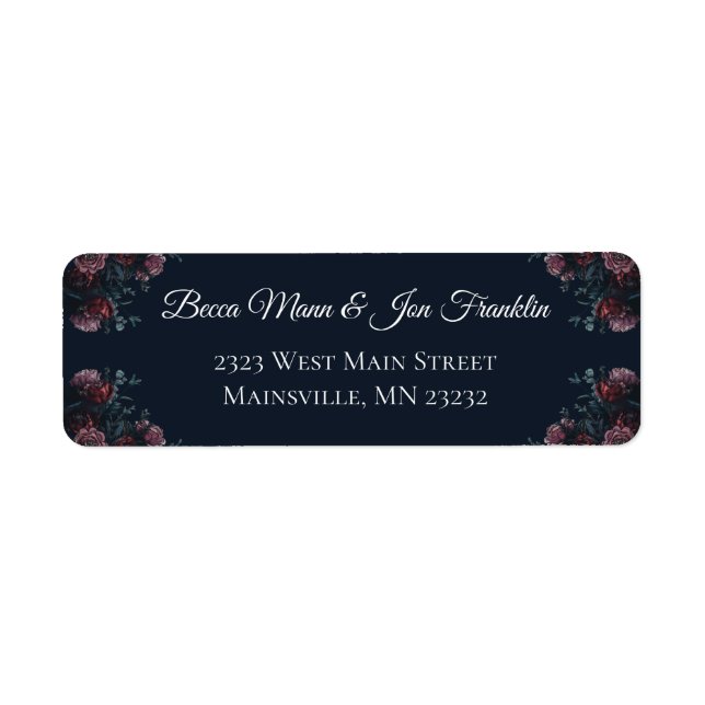 Mörk Navy Blue Blommigt Elegant bröllop Maroon Mau Returadress Etikett (Framsidan)