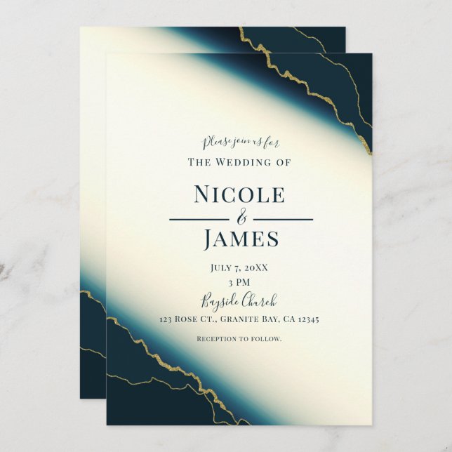 Mörk Navy Blue & Guld Modern Coastal Beach Wedand Inbjudningar (Fram/baksida)
