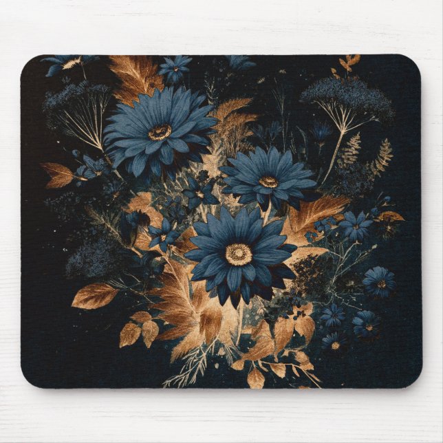 Mörk Navy Blue & Guld Rustic Blommigt Glam Boho Musmatta (Framsidan)